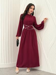 Al Najma Spring And Autumn Elegant Water Diamond Decorative Waist Round Neck Petal Long Sleeve Wine Red Long Dress, Daily Date Dressing - Burgundy - View 6