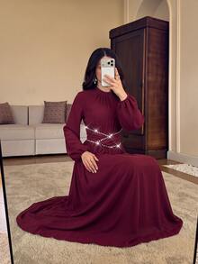Al Najma Spring And Autumn Elegant Water Diamond Decorative Waist Round Neck Petal Long Sleeve Wine Red Long Dress, Daily Date Dressing - Burgundy - View 4
