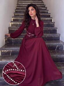 Al Najma Spring And Autumn Elegant Water Diamond Decorative Waist Round Neck Petal Long Sleeve Wine Red Long Dress, Daily Date Dressing - Burgundy - View 2