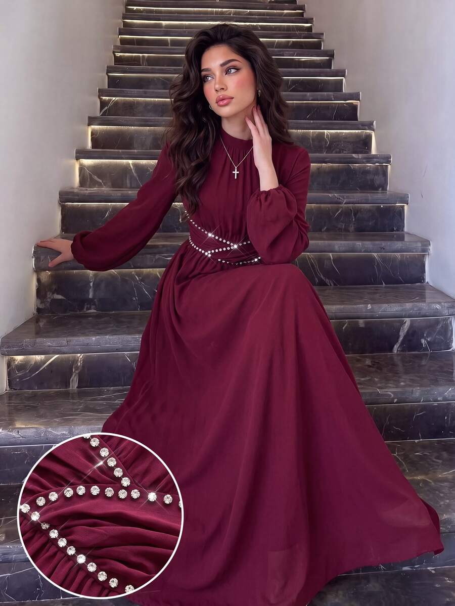 Al Najma Spring And Autumn Elegant Water Diamond Decorative Waist Round Neck Petal Long Sleeve Wine Red Long Dress, Daily Date Dressing