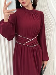 Al Najma Spring And Autumn Elegant Water Diamond Decorative Waist Round Neck Petal Long Sleeve Wine Red Long Dress, Daily Date Dressing - Burgundy - View 10