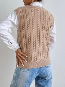 Calvaya Chaleco de punto tejido de cable sin camisa - Caqui - Ver 4
