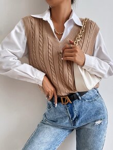 Calvaya Chaleco de punto tejido de cable sin camisa - Caqui - Ver 6