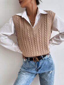 Calvaya Chaleco de punto tejido de cable sin camisa - Caqui - Ver 8