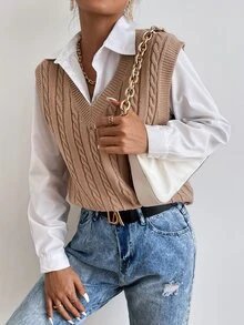 Calvaya Chaleco de punto tejido de cable sin camisa - Caqui - Ver 5