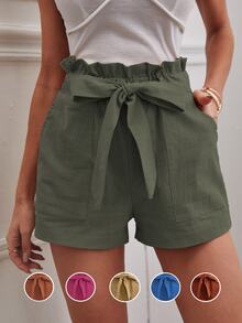 Calvaya Solid Color Ruffle Waist Dual Pockets Women Shorts - Army Green - View 2