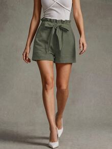 Calvaya Solid Color Ruffle Waist Dual Pockets Women Shorts - Army Green - View 1