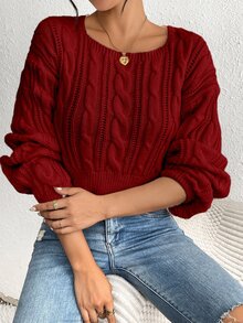 Calvaya Short Crew Neck Solid Color Knit Sweater For Spring/Autumn,Long Sleeve Tops, Knit Pullover Fall Winter - Red - View 5