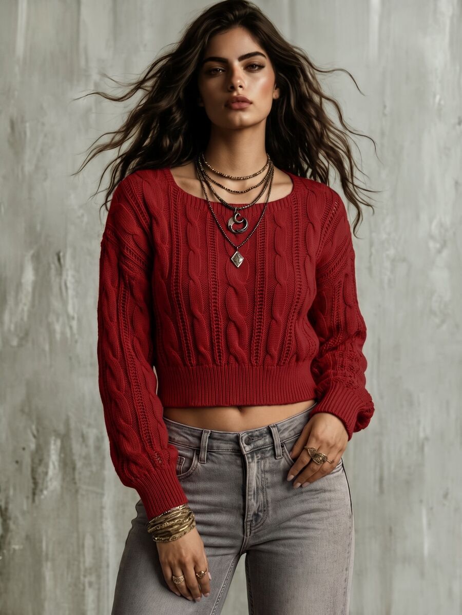 Calvaya Short Crew Neck Solid Color Knit Sweater For Spring/Autumn,Long Sleeve Tops, Knit Pullover Fall Winter - Red - View 1