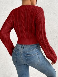 Calvaya Short Crew Neck Solid Color Knit Sweater For Spring/Autumn,Long Sleeve Tops, Knit Pullover Fall Winter - Red - View 2
