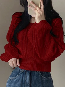 Calvaya Short Crew Neck Solid Color Knit Sweater For Spring/Autumn,Long Sleeve Tops, Knit Pullover Fall Winter - Red - View 4