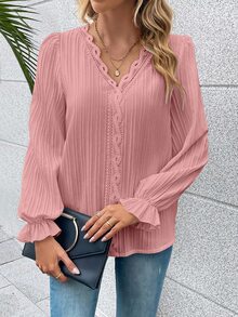 Calvaya Guipure Lace Trim Flounce Sleeve Blouse,Long Sleeve Tops Fall Cloth For Women - Pink - View 7