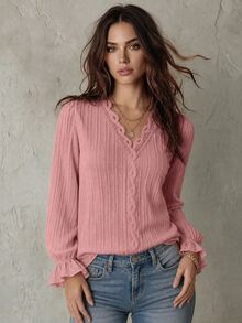 Calvaya Guipure Lace Trim Flounce Sleeve Blouse,Long Sleeve Tops Fall Cloth For Women - Pink - View 1