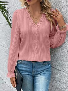 Calvaya Guipure Lace Trim Flounce Sleeve Blouse,Long Sleeve Tops Fall Cloth For Women - Pink - View 4