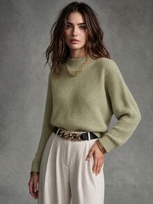 Calvaya Stand Collar Batwing Sleeve Jumper - Olive Green - View 3