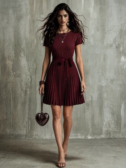 Calvaya Pleated Hem Self Belted Dress Burgundy Color Women Outfit