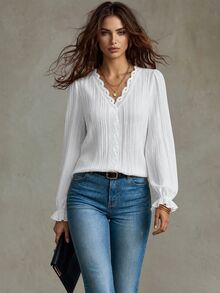 Calvaya Guipure Lace Trim Flounce Sleeve Blouse Fall Cloth For Women - White - View 1