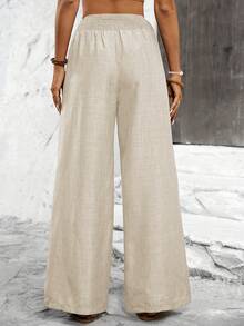 Calvaya Women's Solid Color Wide-Leg Loose Pants With Shirred Belt For Holiday Fall Cloth For Women - Khaki - View 2