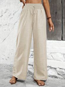 Calvaya Women's Solid Color Wide-Leg Loose Pants With Shirred Belt For Holiday Fall Cloth For Women - Khaki - View 3