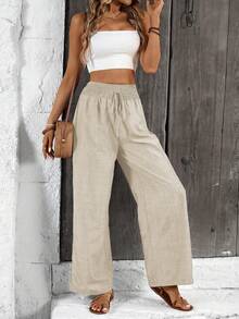 Calvaya Women's Solid Color Wide-Leg Loose Pants With Shirred Belt For Holiday Fall Cloth For Women - Khaki - View 8