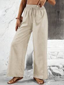 Calvaya Women's Solid Color Wide-Leg Loose Pants With Shirred Belt For Holiday Fall Cloth For Women - Khaki - View 6