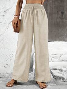 Calvaya Women's Solid Color Wide-Leg Loose Pants With Shirred Belt For Holiday Fall Cloth For Women - Khaki - View 7