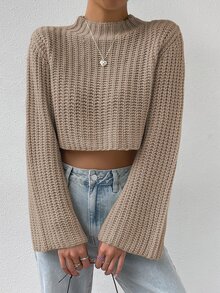 Calvaya Mock Neck Trumpet Sleeve Crop Sweater,Long Sleeve Tops Knit Pullover Fall Winter Sweater - Khaki - View 6