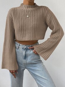 Calvaya Mock Neck Trumpet Sleeve Crop Sweater,Long Sleeve Tops Knit Pullover Fall Winter Sweater - Khaki - View 7