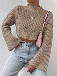 Calvaya Mock Neck Trumpet Sleeve Crop Sweater,Long Sleeve Tops Knit Pullover Fall Winter Sweater - Khaki - View 4