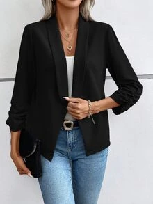 Calvaya Blazer de cuello esmoquin de manga fruncido con parte delantera abierta - Negro - Ver 3