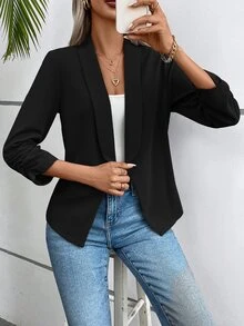 Calvaya Blazer de cuello esmoquin de manga fruncido con parte delantera abierta - Negro - Ver 7