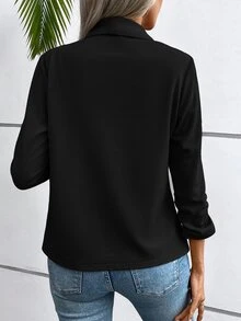 Calvaya Blazer de cuello esmoquin de manga fruncido con parte delantera abierta - Negro - Ver 2