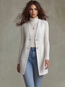 Calvaya Double Breasted Detail Slant Pocket Vest Coat - White - View 1