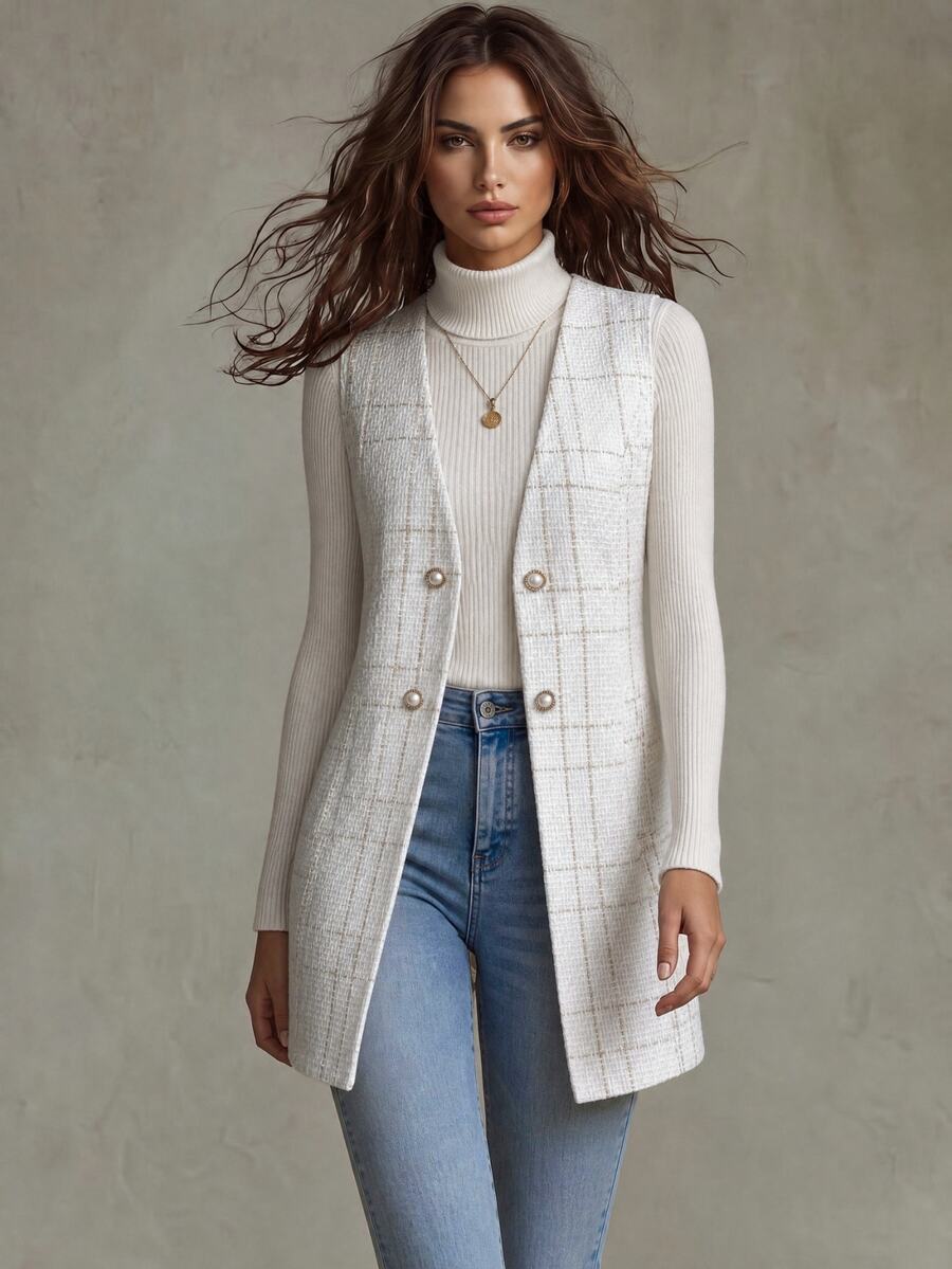 Calvaya Double Breasted Detail Slant Pocket Vest Coat - White - View 1