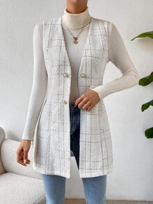 Calvaya Double Breasted Detail Slant Pocket Vest Coat - White - View 7