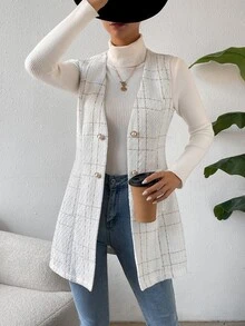 Calvaya Double Breasted Detail Slant Pocket Vest Coat - White - View 5
