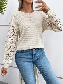 Calvaya Contrast Lace Twist Tie Back Drop Shoulder Top Fall Cloth For Women - Apricot - View 6