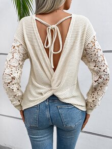 Calvaya Contrast Lace Twist Tie Back Drop Shoulder Top Fall Cloth For Women - Apricot - View 3