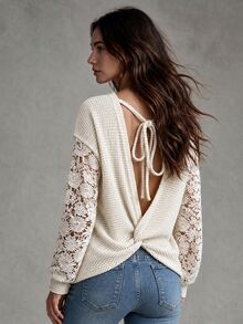 Calvaya Contrast Lace Twist Tie Back Drop Shoulder Top Fall Cloth For Women - Apricot - View 1