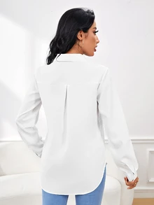 Calvaya 女式简约白色纽扣长袖可变式衬衫、长袖上衣 - 白色 - 查看 2