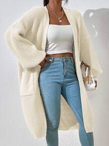 Calvaya Dual Pocket Drop Shoulder Cardigan,Long Sleeve Tops Fall Winter Cloth For Women - Beige - View 3