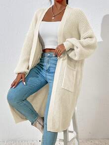 Calvaya Dual Pocket Drop Shoulder Cardigan,Long Sleeve Tops Fall Winter Cloth For Women - Beige - View 7