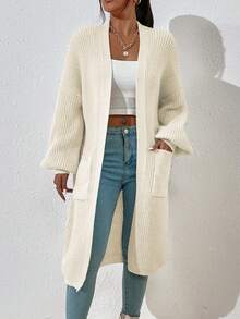 Calvaya Dual Pocket Drop Shoulder Cardigan,Long Sleeve Tops Fall Winter Cloth For Women - Beige - View 4