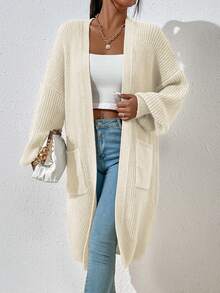 Calvaya Dual Pocket Drop Shoulder Cardigan,Long Sleeve Tops Fall Winter Cloth For Women - Beige - View 8