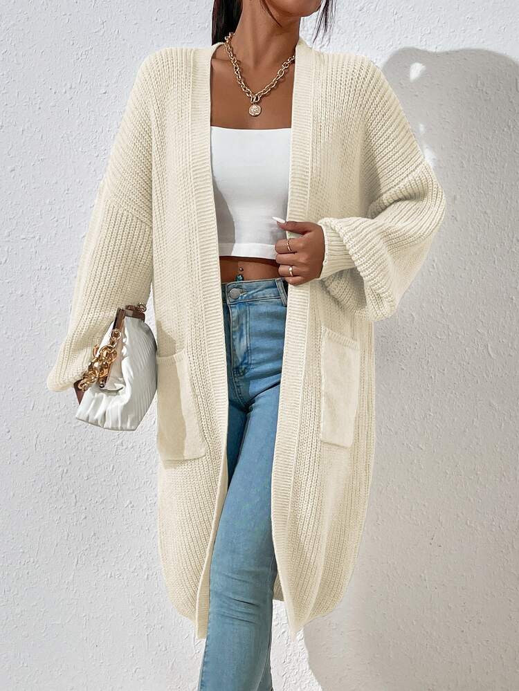 Calvaya Dual Pocket Drop Shoulder Cardigan,Long Sleeve Tops Fall Winter Cloth For Women - Beige - View 8