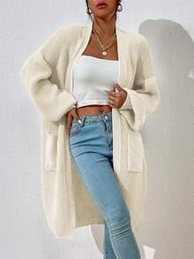 Calvaya Dual Pocket Drop Shoulder Cardigan,Long Sleeve Tops Fall Winter Cloth For Women - Beige - View 5
