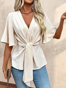 Calvaya Blusa de unicolor con escote en V y cruce, para vacaciones de verano y uso diario - Caqui - Ver 4