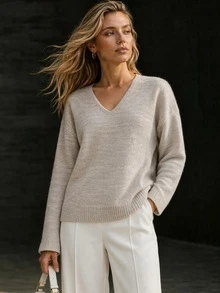 EURMUSE Beiger Basic-Strickpullover mit tiefem V-Ausschnitt, gebürsteter Oberfläche mit weichem Shardon-Finish, entspannter Silhouette und langen Ärmeln, lässige Alltagskleidung für Zuhause im Herbst - Beige - Übersicht 7