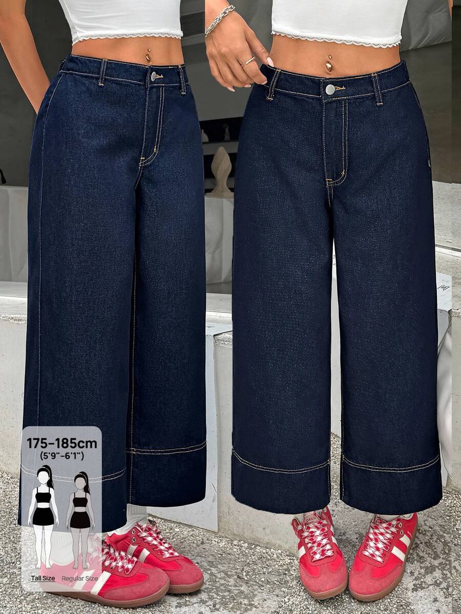 SHEIN Tall بنطلون جينز نسائي كاجوال للارتداء اليومي مع جيوب وأزرار - الأزرق - مشاهدة 1