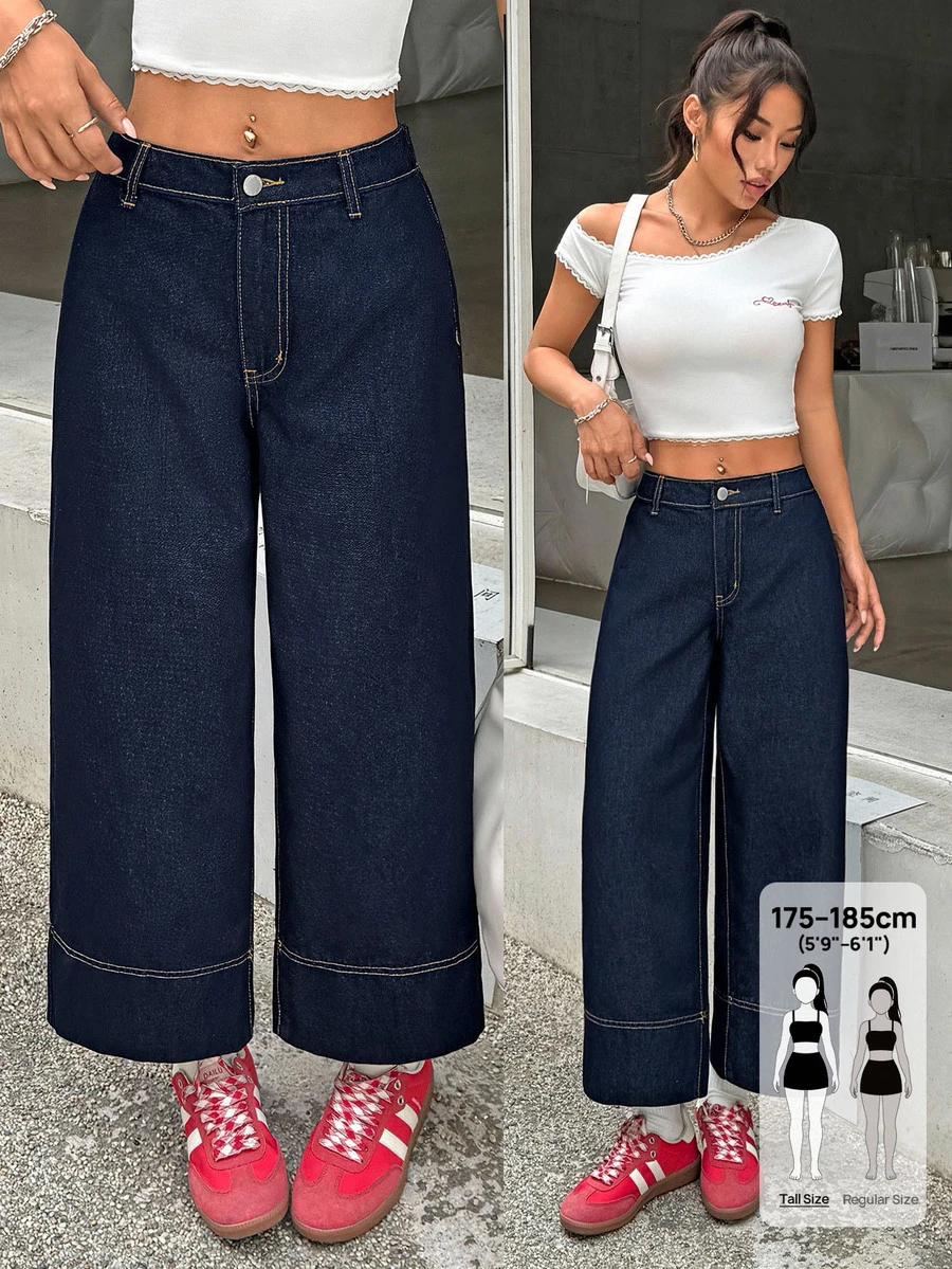 SHEIN Tall 女款休閒日常牛仔褲,附口袋與鈕扣,秋冬正式商務時尚基本款,哥德風,適合萬聖節、聖誕節、節慶,高身長款 - 藍色 - 查看 1